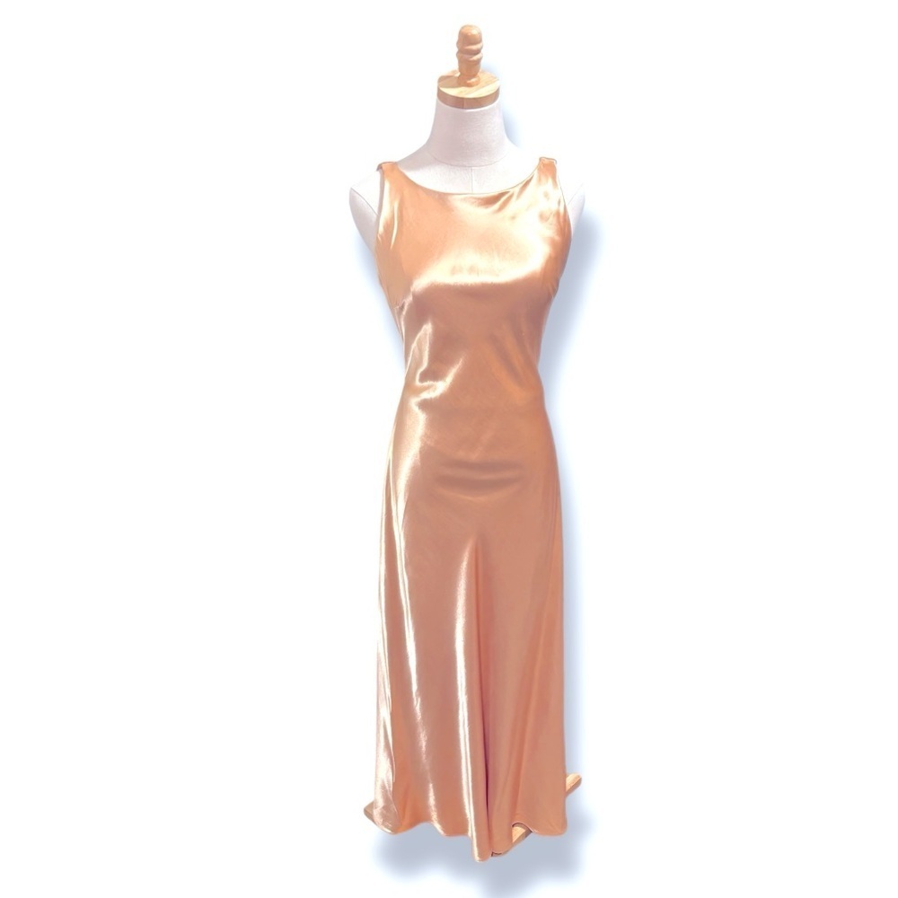 Vintage Kamisato Elegant Satin Maxi Gown Dress in Gold Shimmer and Tie Back 6